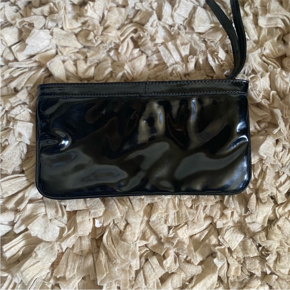 EUC Kate Spade Black Patent Leather Wristlet with Bow Detail & Polka Dot Lining - Picture 7 of 11